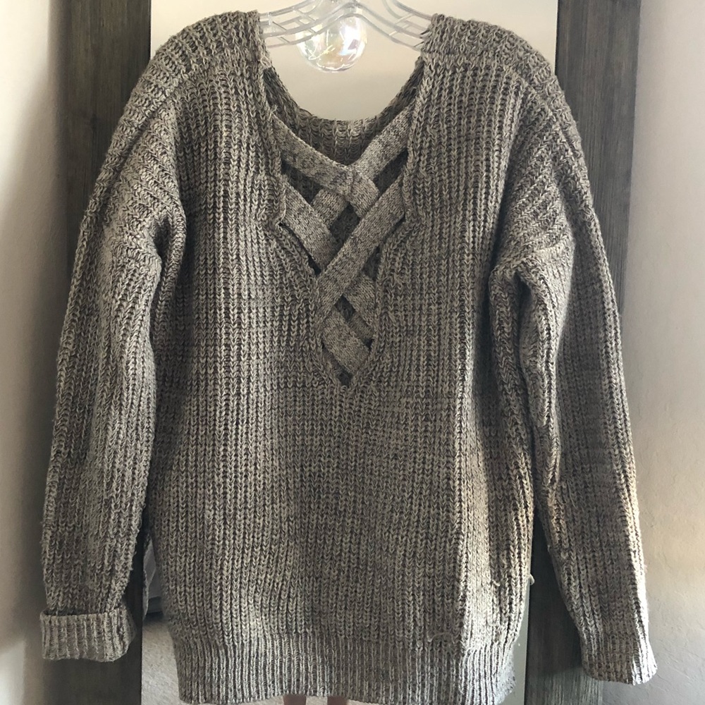 Audrey 3+1 Oversized Chunky Knit Sweater Criss-Cross Back Boho S